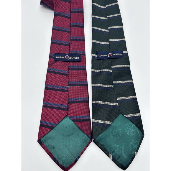 Tommy Hilfiger Men’s Silk Neck Ties Lot Of 2 Red Green Stripe - Picture 2 of 4